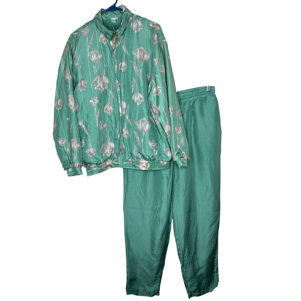 Coaco 90s VTG 100% Silk Nylon Tulip Print Tracksuit Jacket Pants Set Women's L - Picture 1 of 11